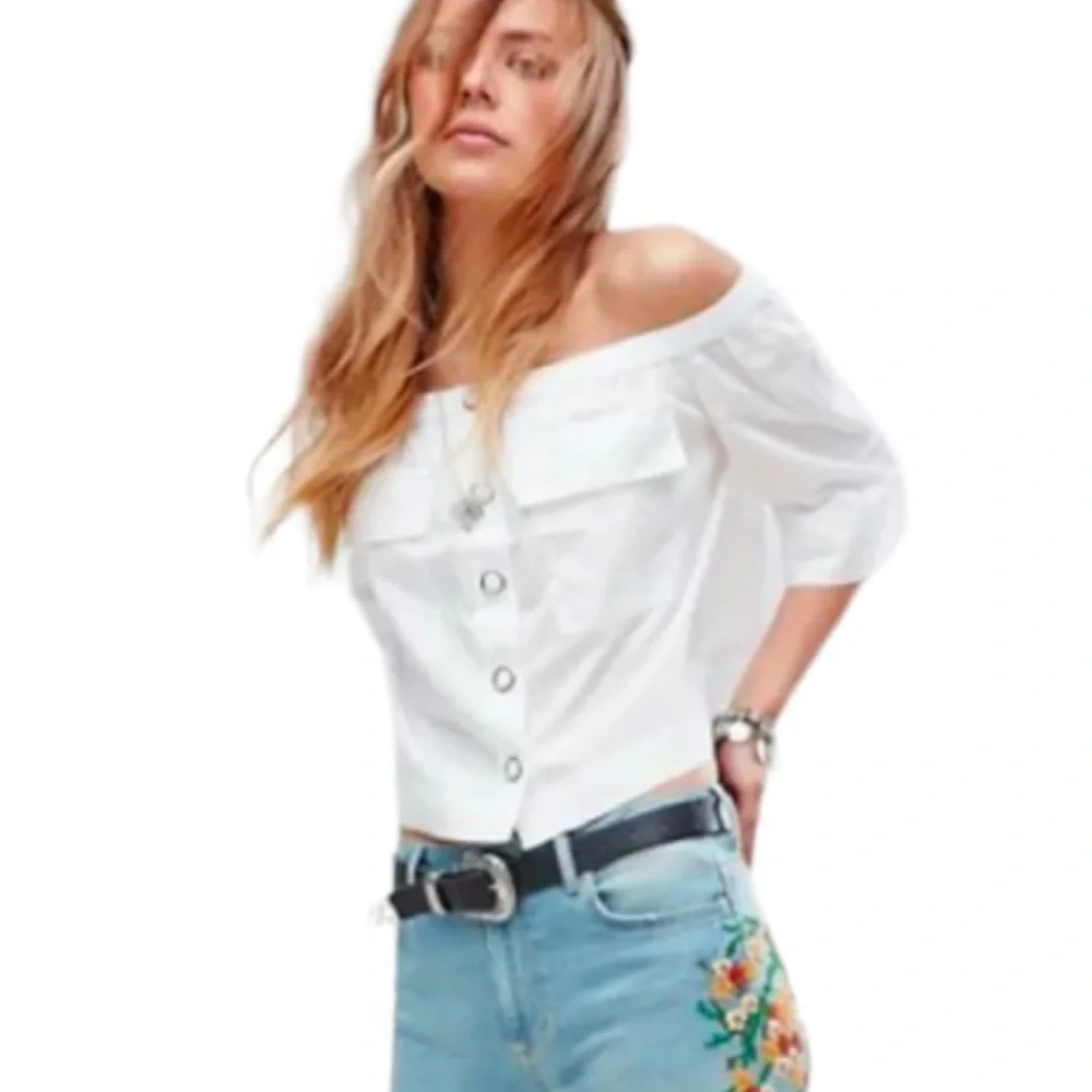 Free People Showing Shoulders Top Large 12 White 100% Cotton Breathable Cool NWT